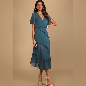 Lulu's Next to You Slate Blue Swiss Dot Ruffled Midi Dress